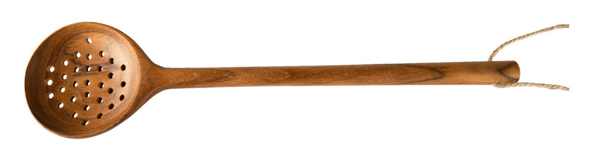 Wooden slotted spoon with hanging twine, perfect for van life kitchen essentials and outdoor cooking gear