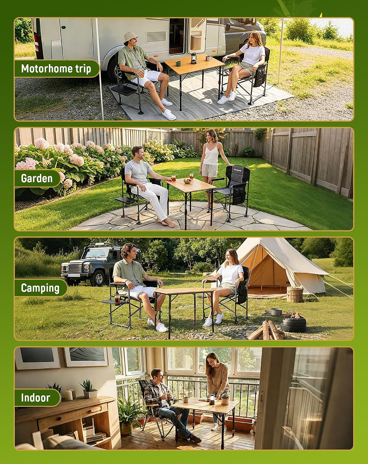 Adjustable Bamboo Camping Table – 80 × 60cm – table shown in campsite settings