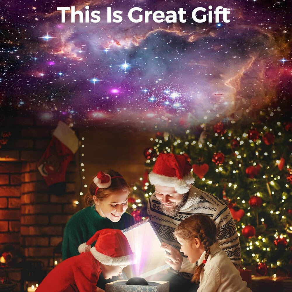 Family enjoying Christmas gift with starry galaxy projection, perfect for van life adventures
