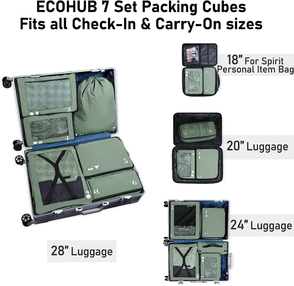 Packing Cubes for Suitcase 7 PCS Travel Organiser Packing Bags Recycled PET Eco Friendly Travel Accessories Shoes Bags Storage Bag Luggage Organiser Pouch(Green)