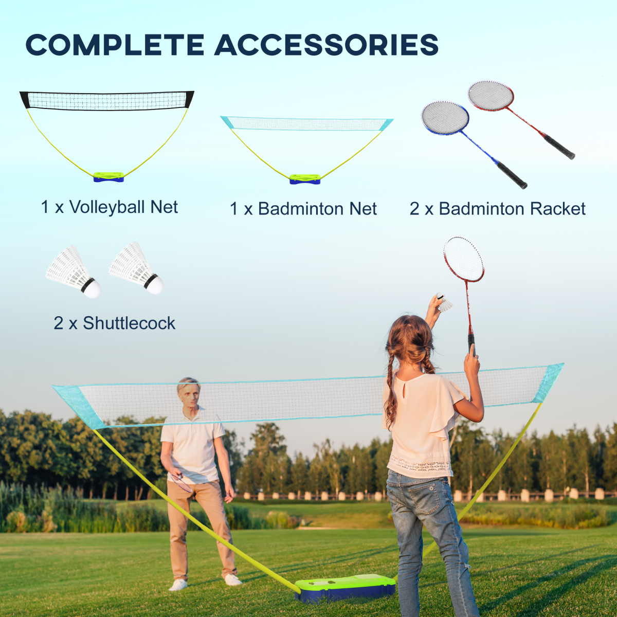 Portable badminton & volleyball net set with rackets and shuttlecocks for outdoor play