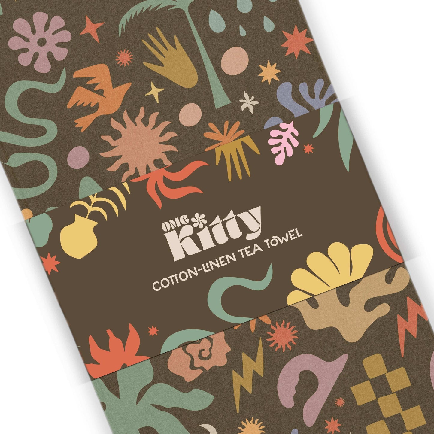 OMG Kitty cotton-linen tea towel with retro floral and abstract pattern, perfect for van life kitchen essentials