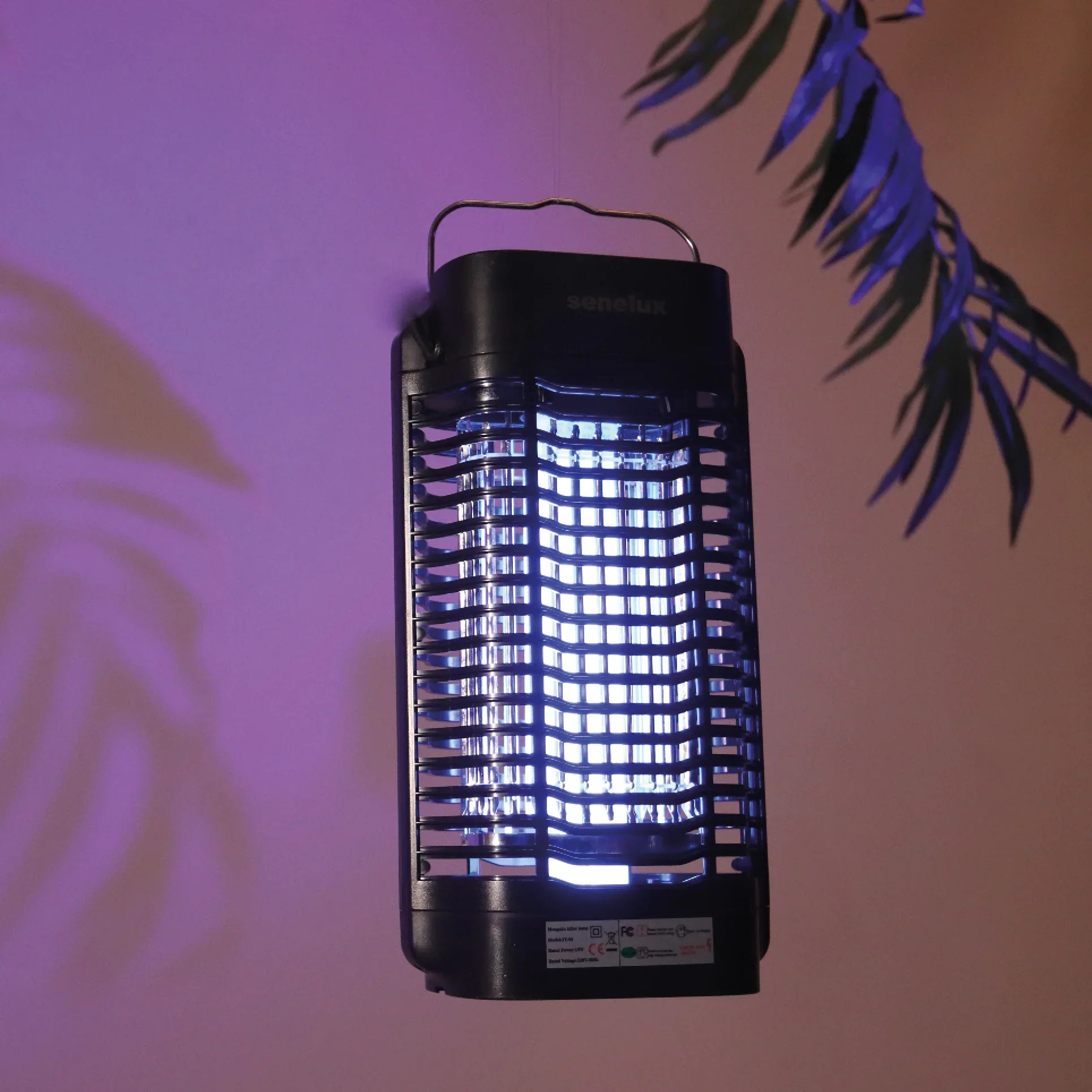 Portable UV mosquito killer lamp for van life and outdoor adventures, glowing blue against purple wall