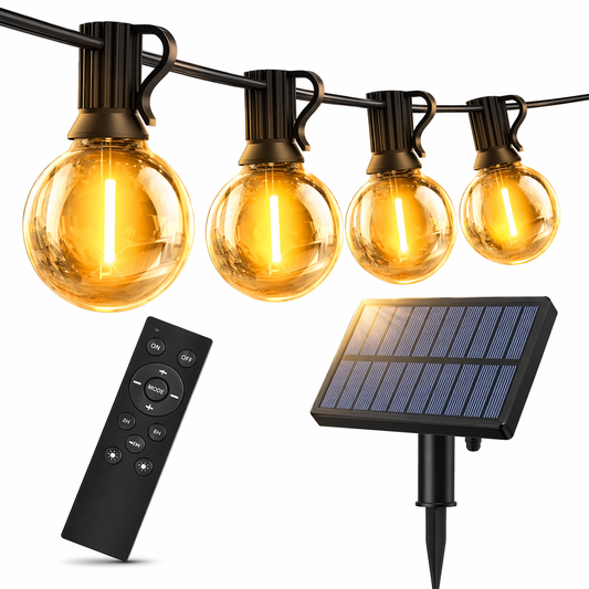 Solar-powered string lights with remote control, ideal for van life, camping, and outdoor adventures
