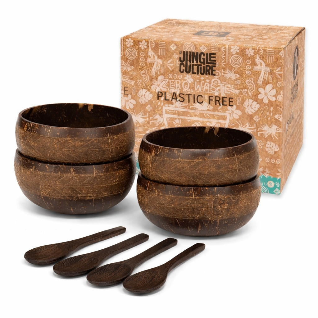 Eco-friendly coconut bowls and wooden spoons, plastic-free van life essentials for sustainable travel