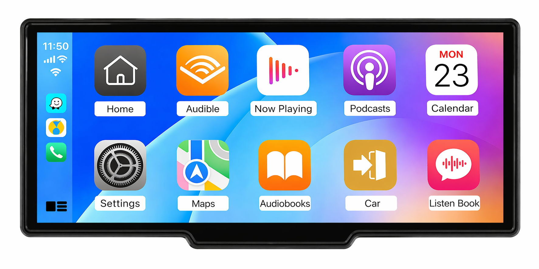 Car stereo with Apple CarPlay interface, showing apps like Maps, Podcasts, and Audiobooks for van life travel