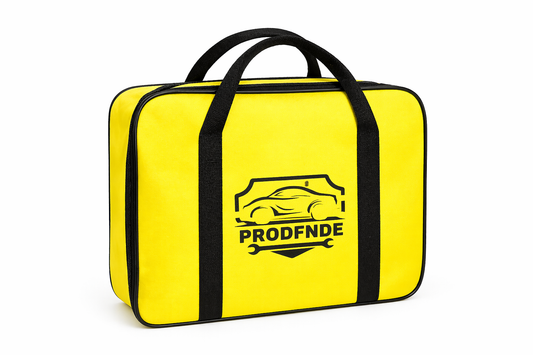 Bright yellow PRODFNDE tool bag with black handles, ideal for van life and roadside repairs