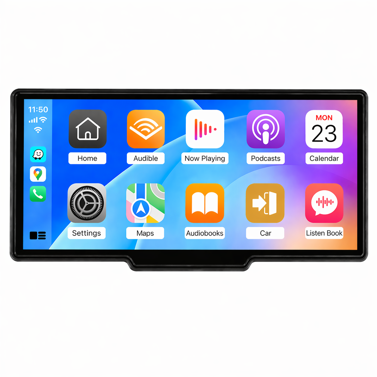 Smart car stereo with Apple CarPlay interface, displaying apps like Maps, Podcasts, and Audiobooks for van life travel.