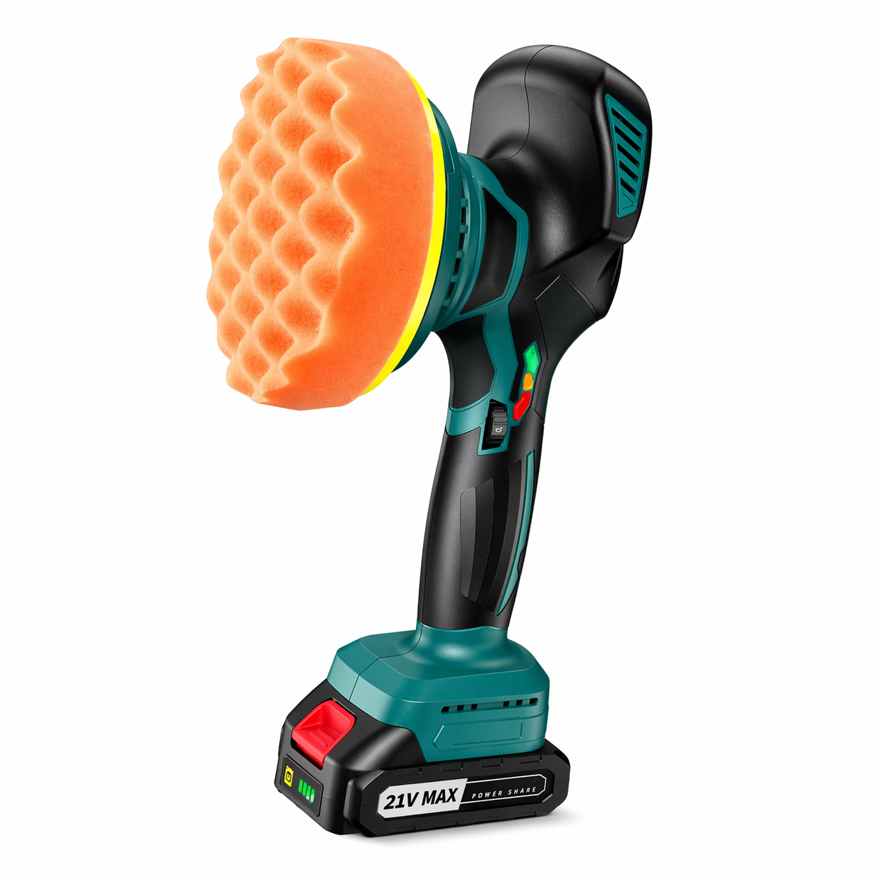 21V MAX cordless polisher with orange foam pad, ideal for van life vehicle care and outdoor adventures