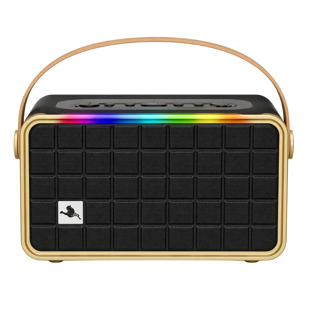 Portable Bluetooth speaker with rainbow LED lights, gold trim, and carry handle for van life adventures