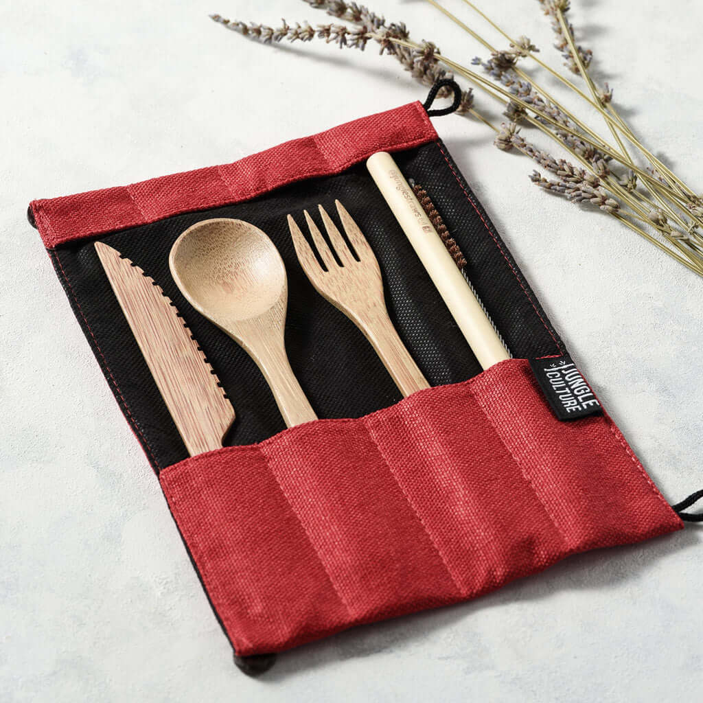 Bamboo cutlery set in red and black travel pouch for van life and outdoor adventures