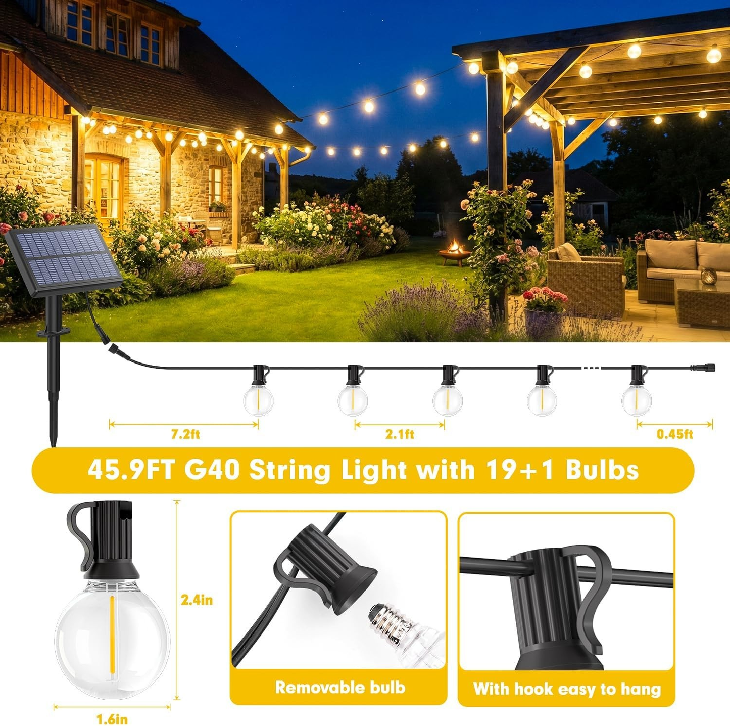 Solar-powered G40 string lights with 20 bulbs, perfect for van life, patios, and outdoor adventures