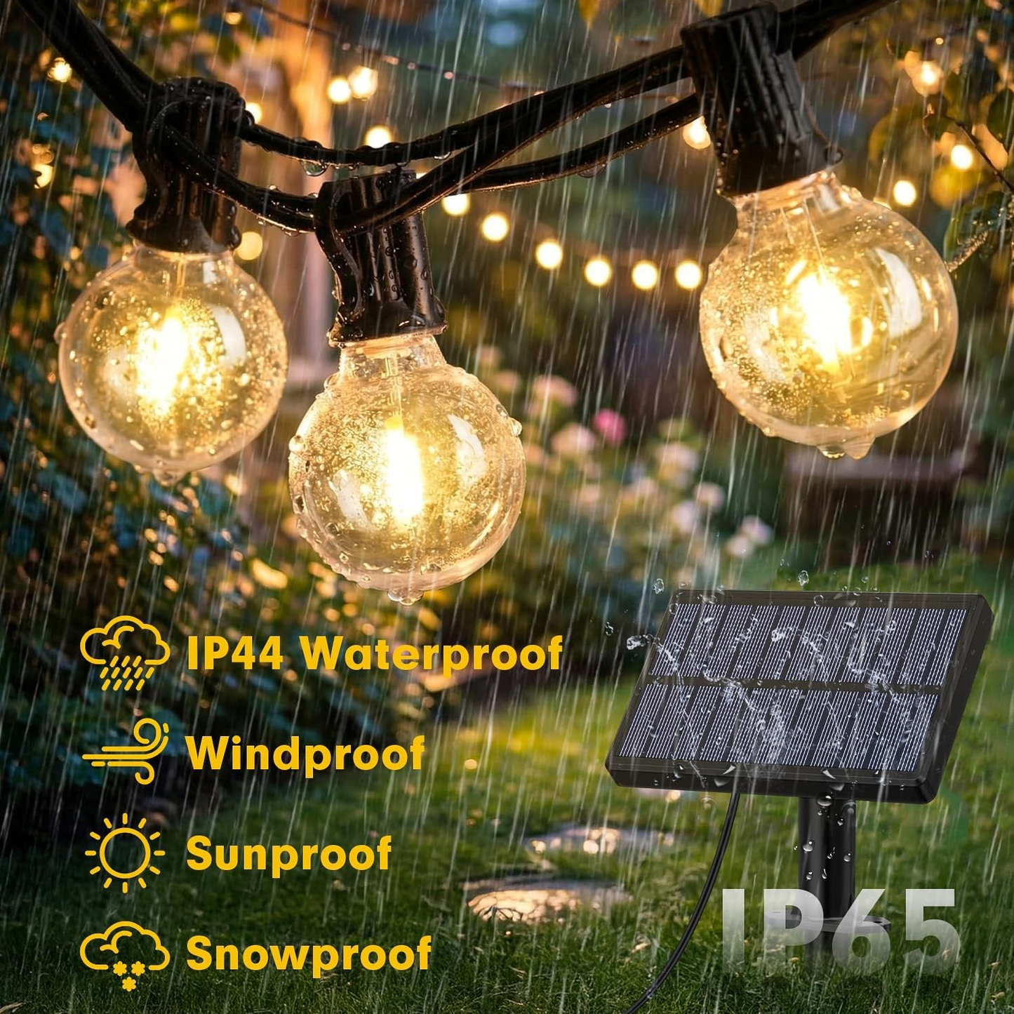 IP44 waterproof solar string lights glowing in rain, ideal for van life & outdoor adventures