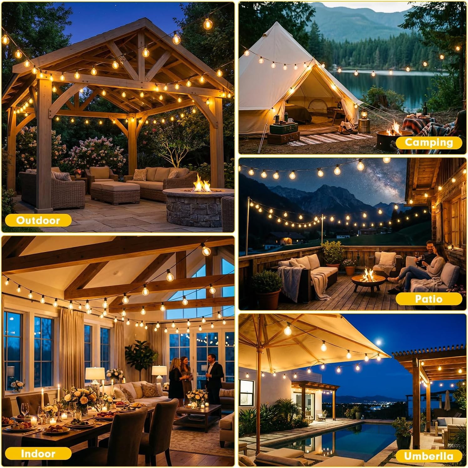 Outdoor string lights for patio, camping, indoor, and umbrella use — cozy van life & adventure lighting