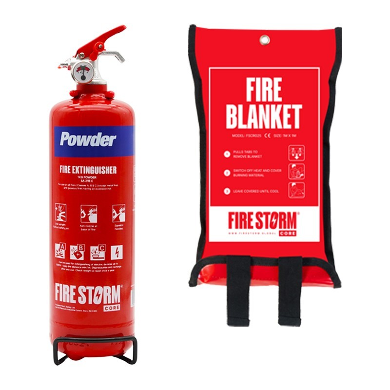 Red powder fire extinguisher and fire blanket for van life safety gear