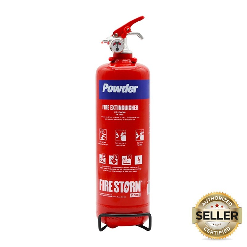 Red powder fire extinguisher for van life safety, labeled Fire Storm Core with usage icons