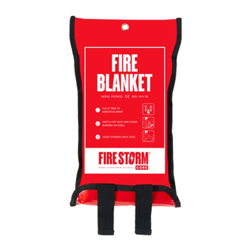 Fire blanket for van life safety, compact red pouch with instructions, essential camper van accessory