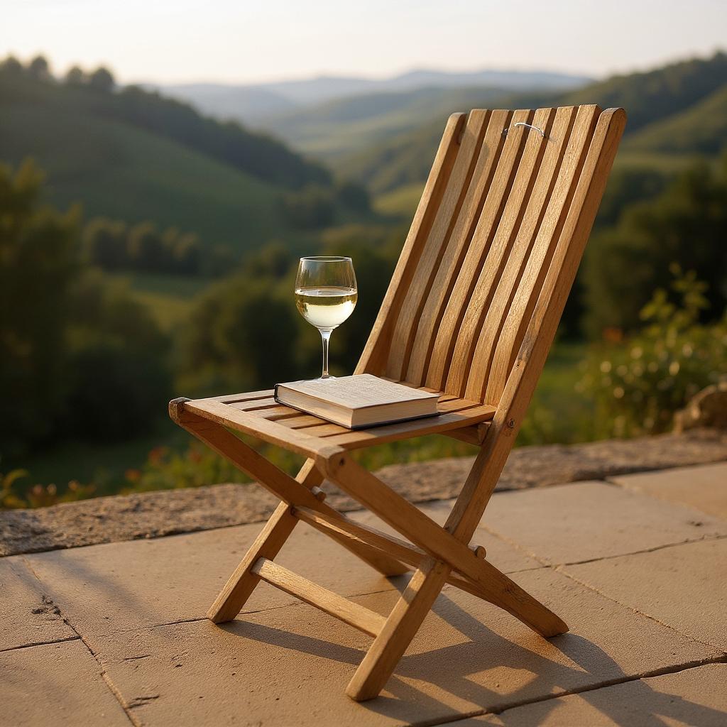 Wooden folding chair with wine glass and book, perfect for van life adventures and outdoor relaxation.