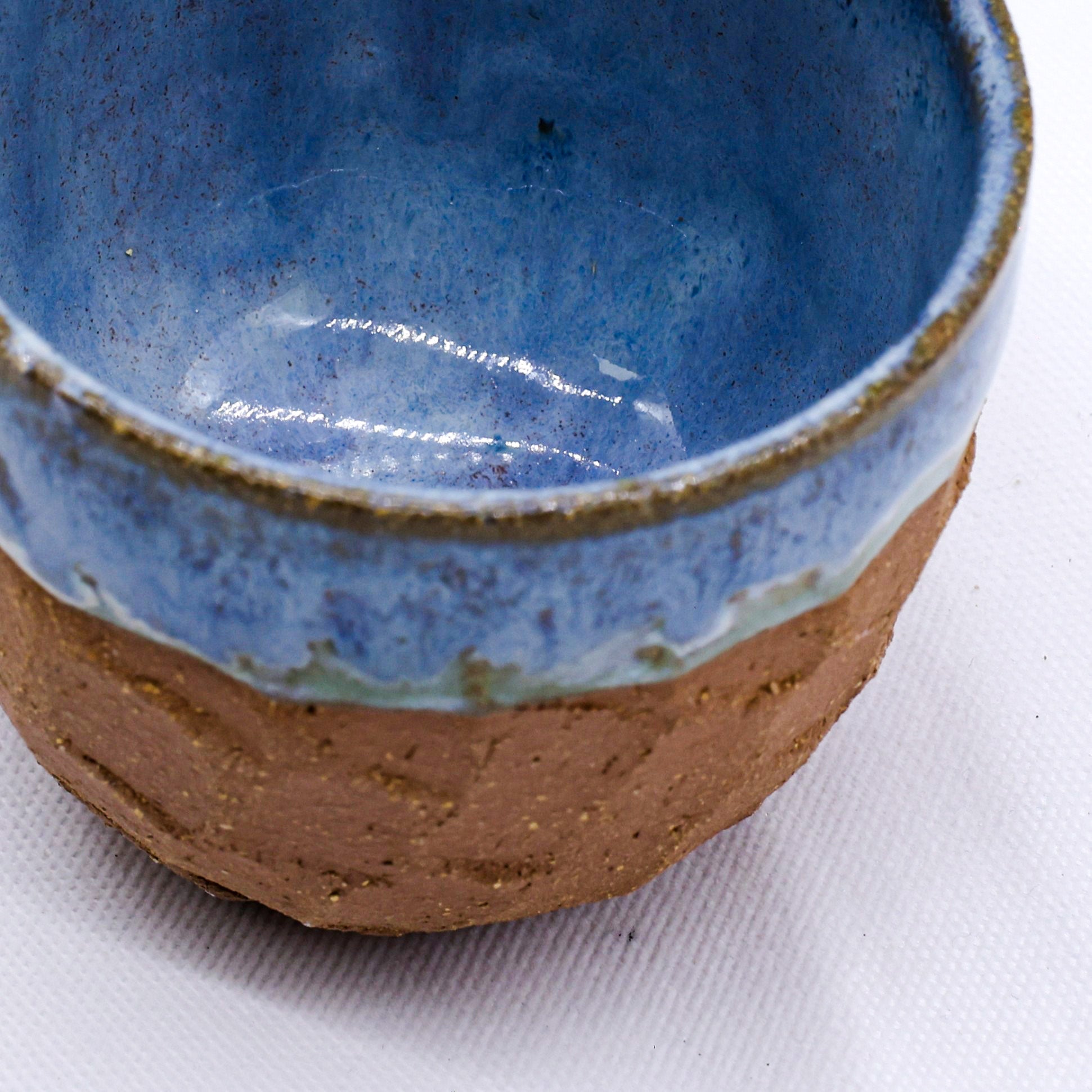 Handmade blue glazed ceramic cup for van life adventures, rustic outdoor camping gear