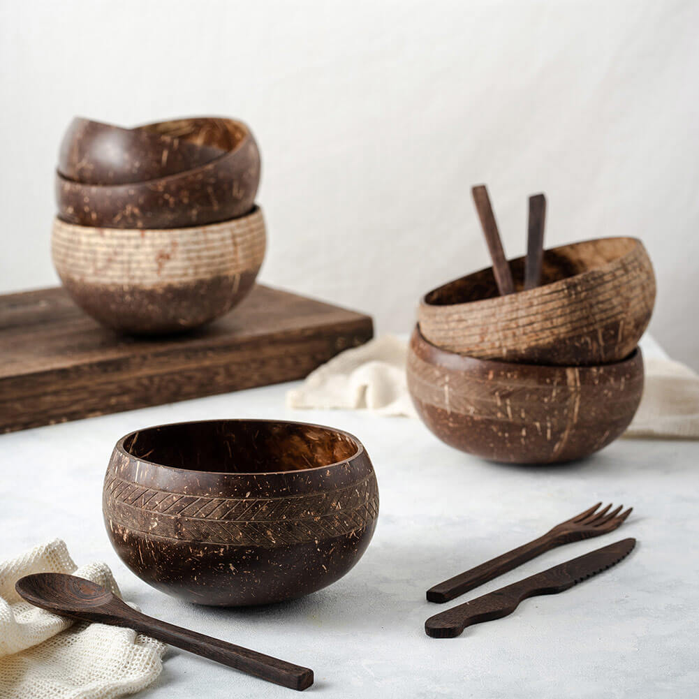 Coconut shell bowls and wooden cutlery for van life camping and outdoor adventures