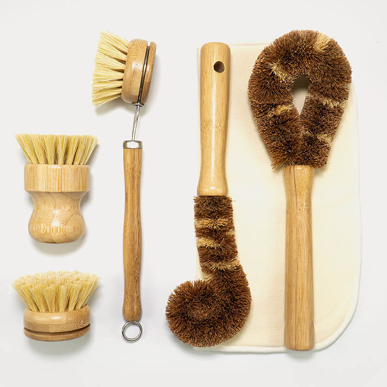 Bamboo cleaning brushes for van life, kitchen, and outdoor gear maintenance