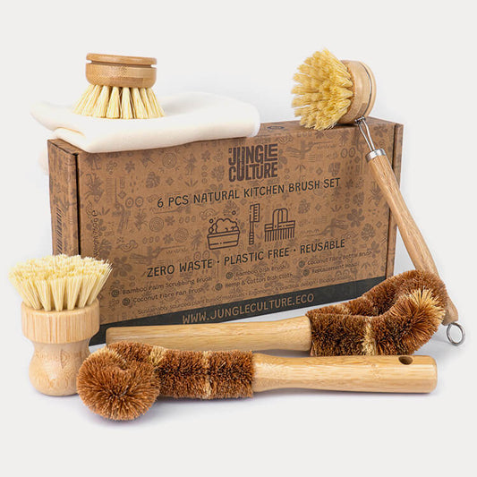 Eco-friendly bamboo kitchen brush set, plastic-free & reusable for van life cleaning essentials