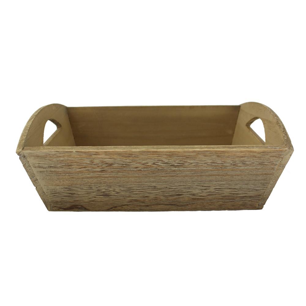 Rustic wooden storage tray with handles for van life organization and campervan essentials