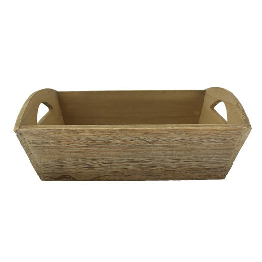 Rustic wooden storage tray with handles for van life organization and campervan essentials