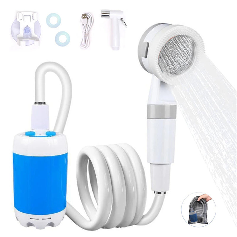 Portable shower pump kit for van life, camping, outdoor adventures with USB charging and flexible hose