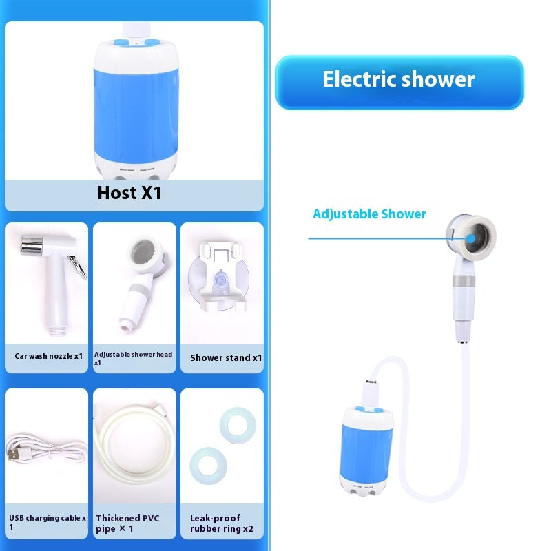 Portable electric shower kit for van life, includes adjustable nozzle, USB charging, and leak-proof hose
