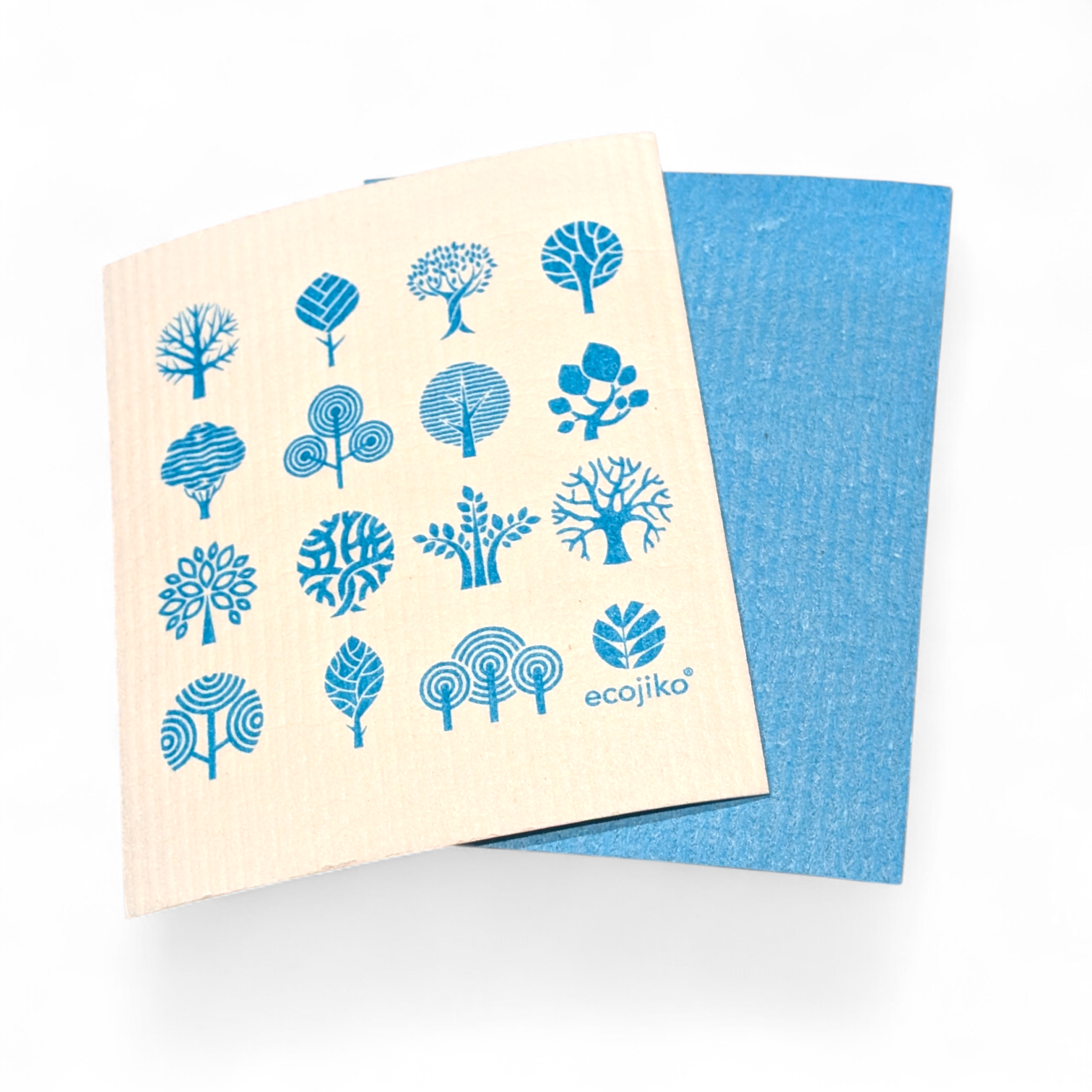 Ecojiko reusable bamboo dishcloth with blue tree print, sustainable van life kitchen essential