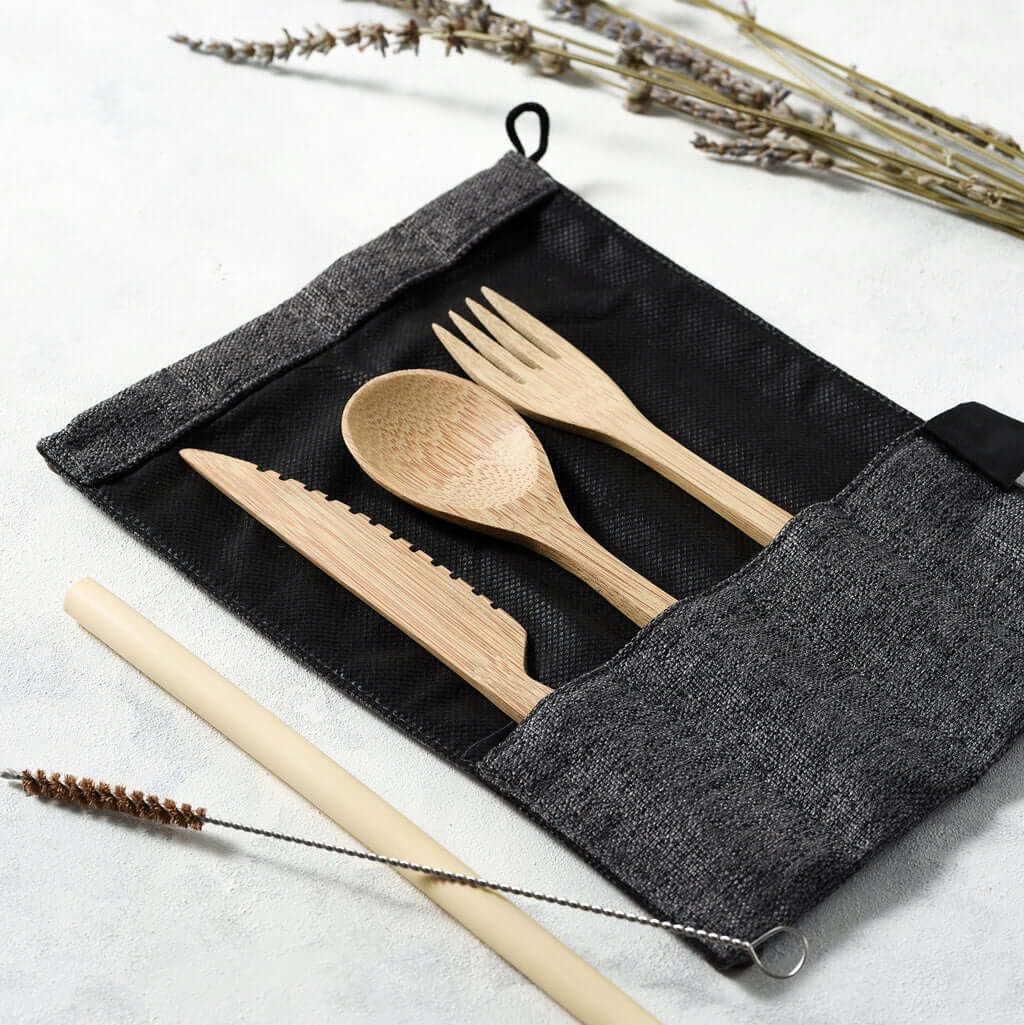 Bamboo cutlery set with spoon, fork, knife, straw & cleaner in grey travel pouch for van life adventures