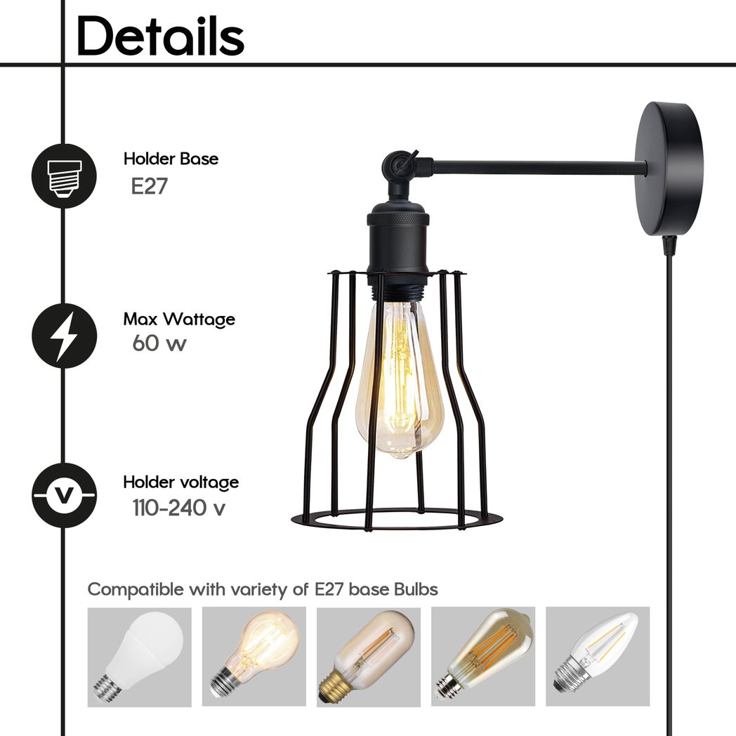 Black industrial wall sconce with E27 bulb holder, wire cage, and adjustable arm for van life lighting