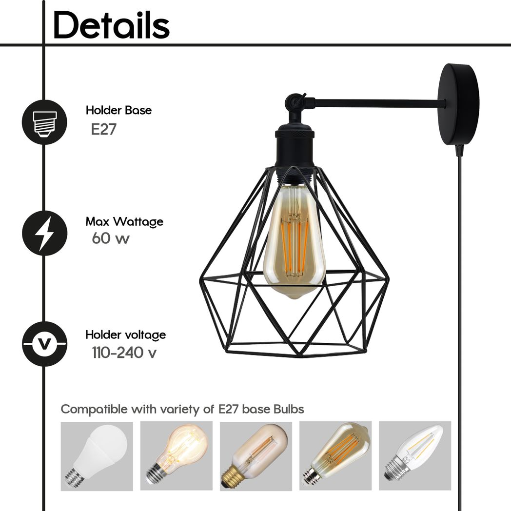 Black geometric wall sconce with E27 bulb, ideal for van life or camper interior lighting