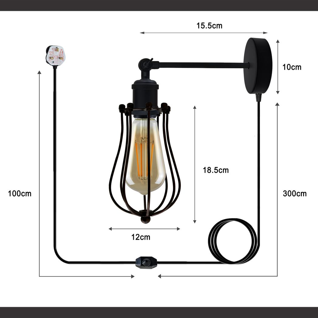 Black industrial wall lamp with Edison bulb, 100cm cord, for van life or camper interior lighting