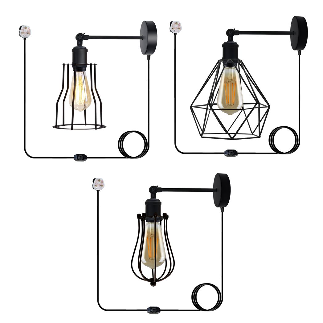 Black industrial wall lights with Edison bulbs, cage shades, and plug-in cords for van life or rustic decor