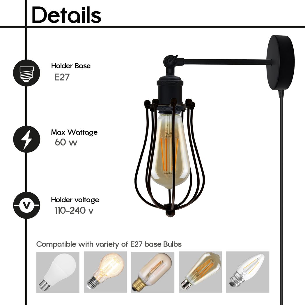 Black adjustable wall lamp with E27 base, vintage filament bulb, cage design for van life or camper interiors