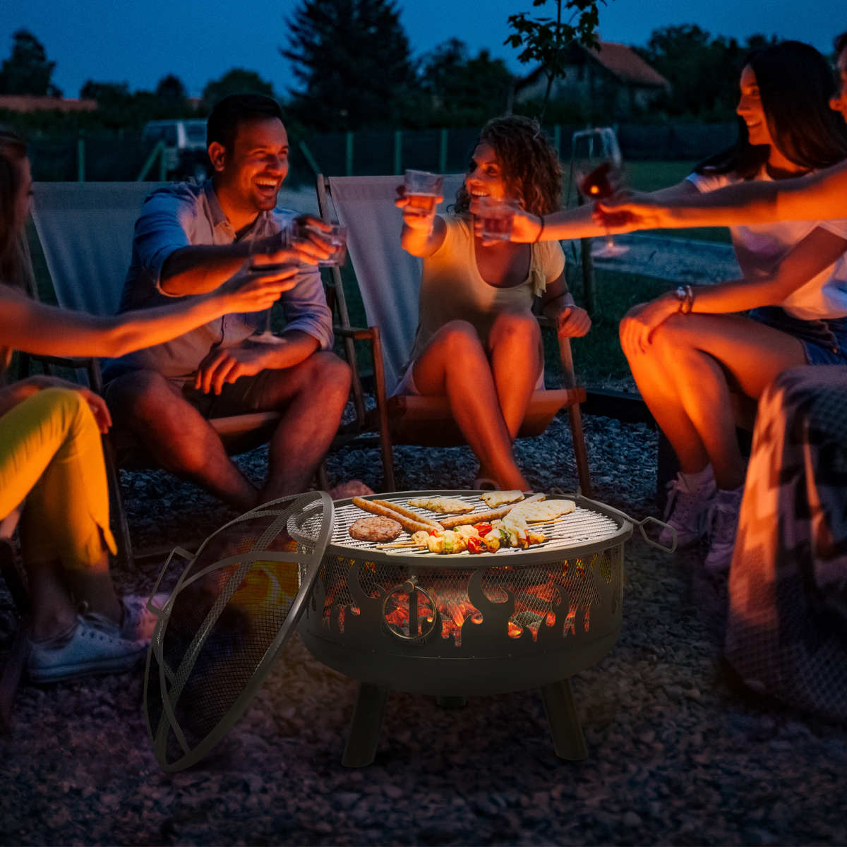 Portable fire pit with grill for outdoor gatherings, perfect for van life and camping adventures
