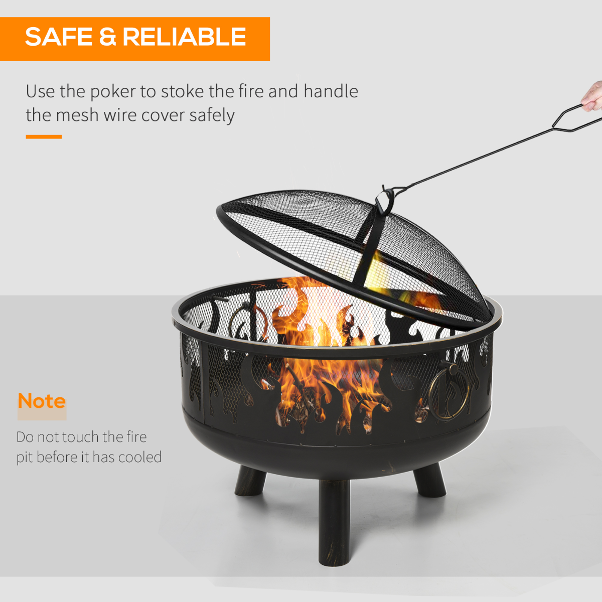 Portable fire pit with mesh cover and poker, ideal for van life and outdoor adventures