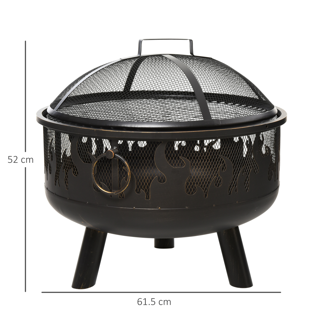 Black flame-cut fire pit with mesh lid, 61.5cm wide, ideal for van life camping and outdoor adventures