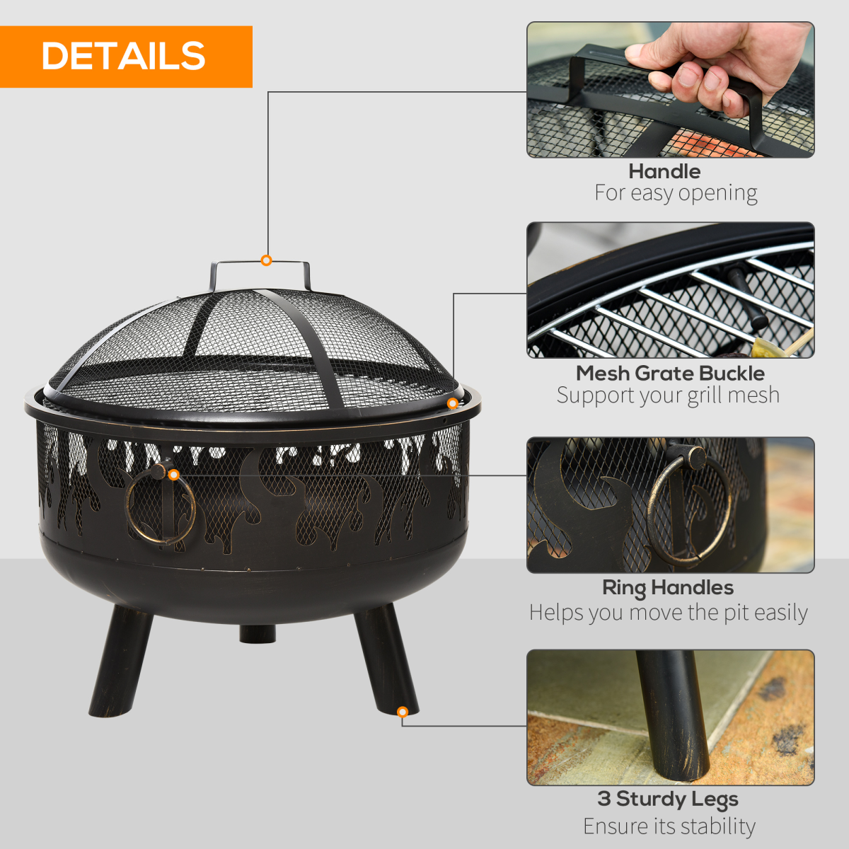 Portable fire pit with flame cutouts, mesh lid, ring handles, and 3 sturdy legs for outdoor camping or van life
