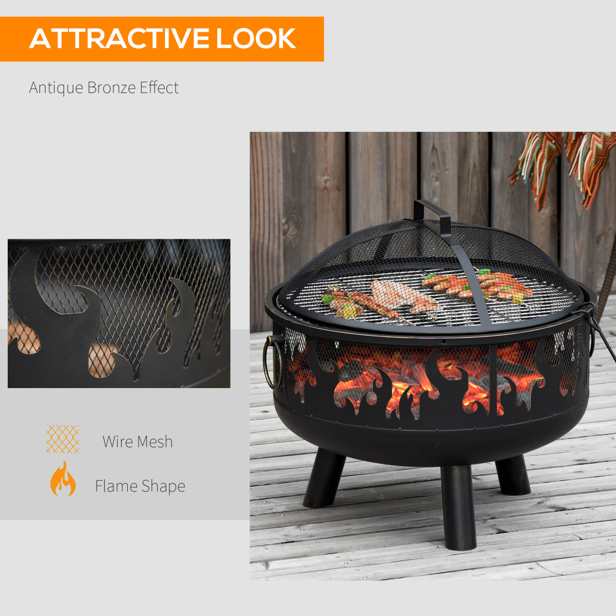 Antique bronze fire pit with flame cutouts, wire mesh grill, and glowing embers for outdoor cooking