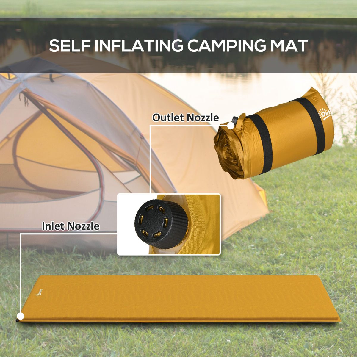 Self-inflating camping mat with inlet and outlet nozzles, perfect for van life and outdoor adventures