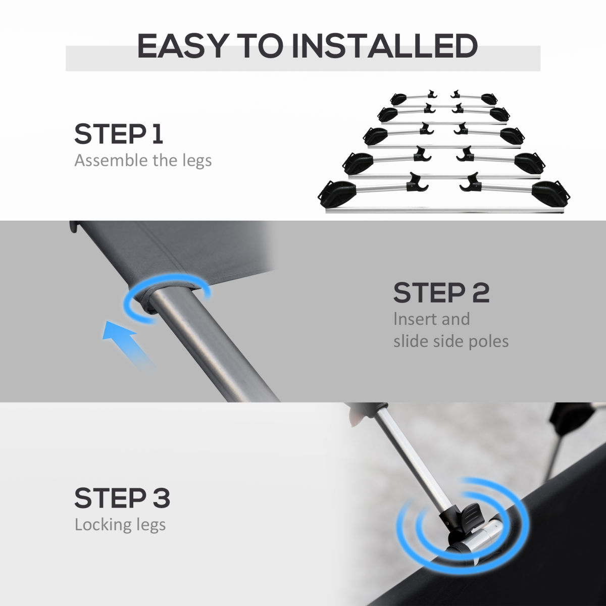 Easy 3-step assembly for van life awning poles: assemble, insert, lock legs