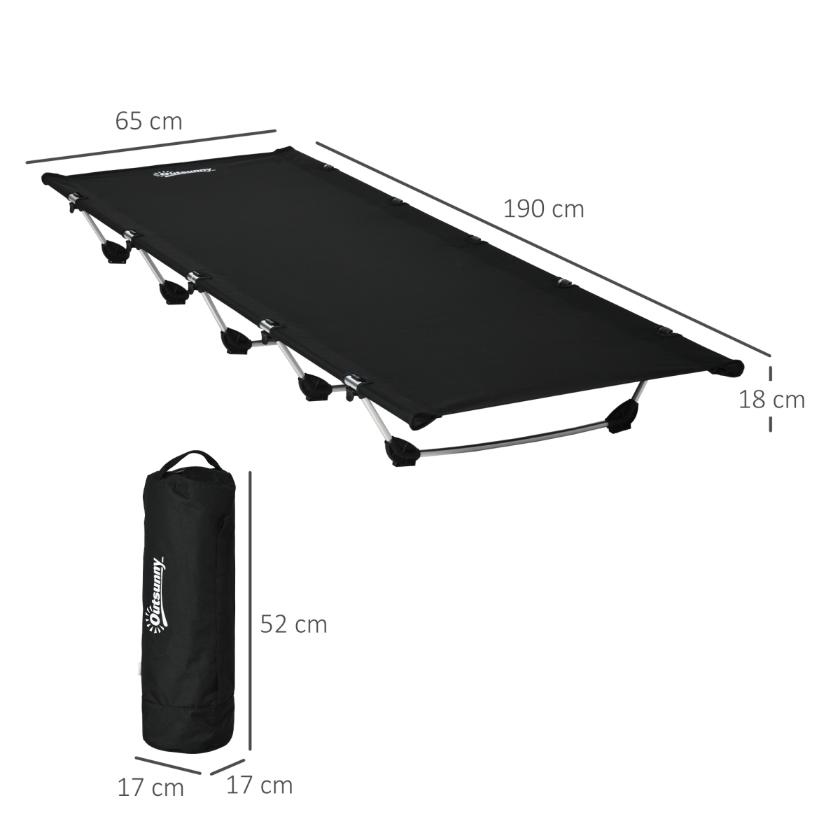 Compact black portable camping cot with dimensions, ideal for van life and outdoor adventures