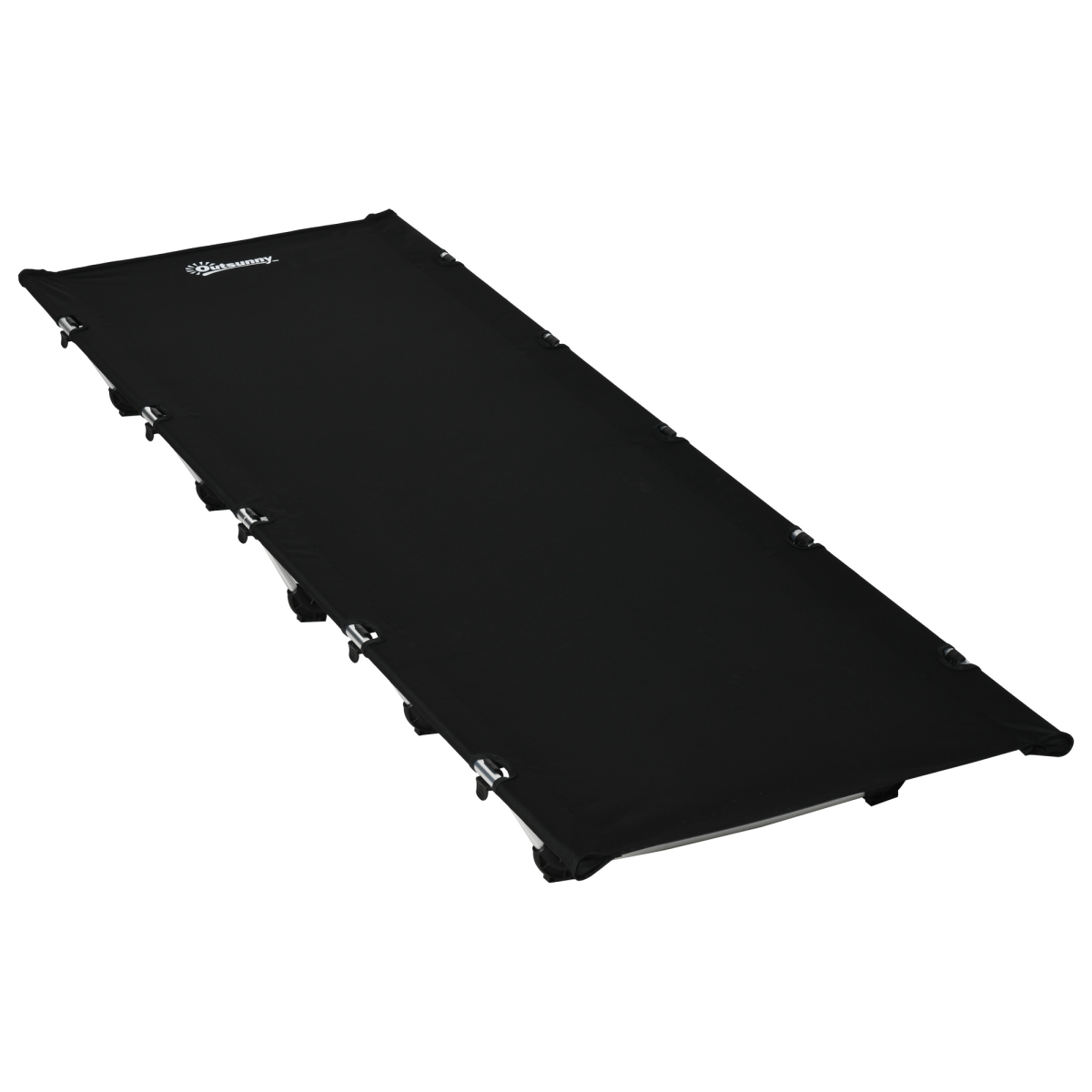 Black portable cot for van life, camping, and outdoor adventures with sturdy frame and compact design