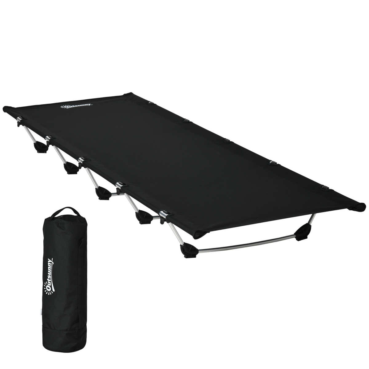 Portable black camping cot with carry bag, ideal for van life and outdoor adventures