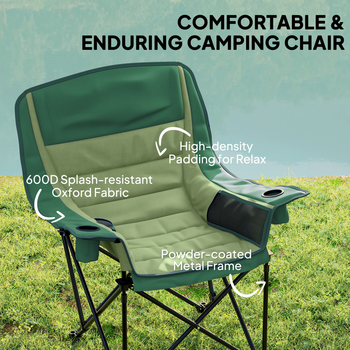 Comfortable green camping chair with cup holders, padded seat, and metal frame for van life adventures