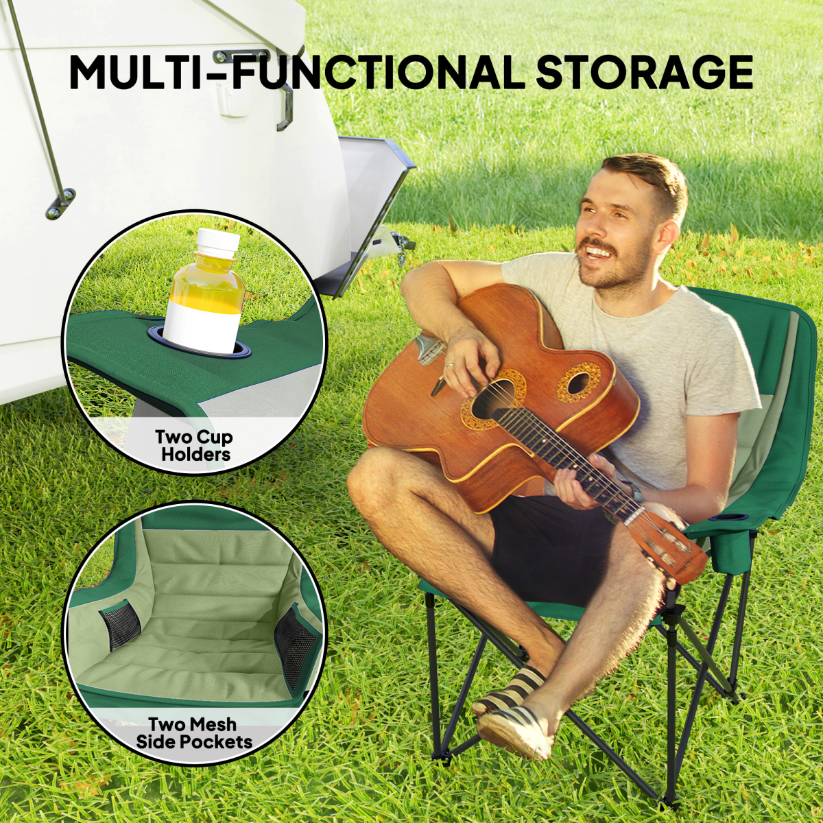 Man playing guitar on green camping chair with cup holders & mesh pockets, perfect for van life adventures
