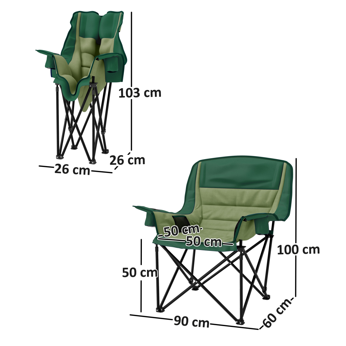 Green and beige foldable camping chair with dimensions, ideal for van life and outdoor adventures